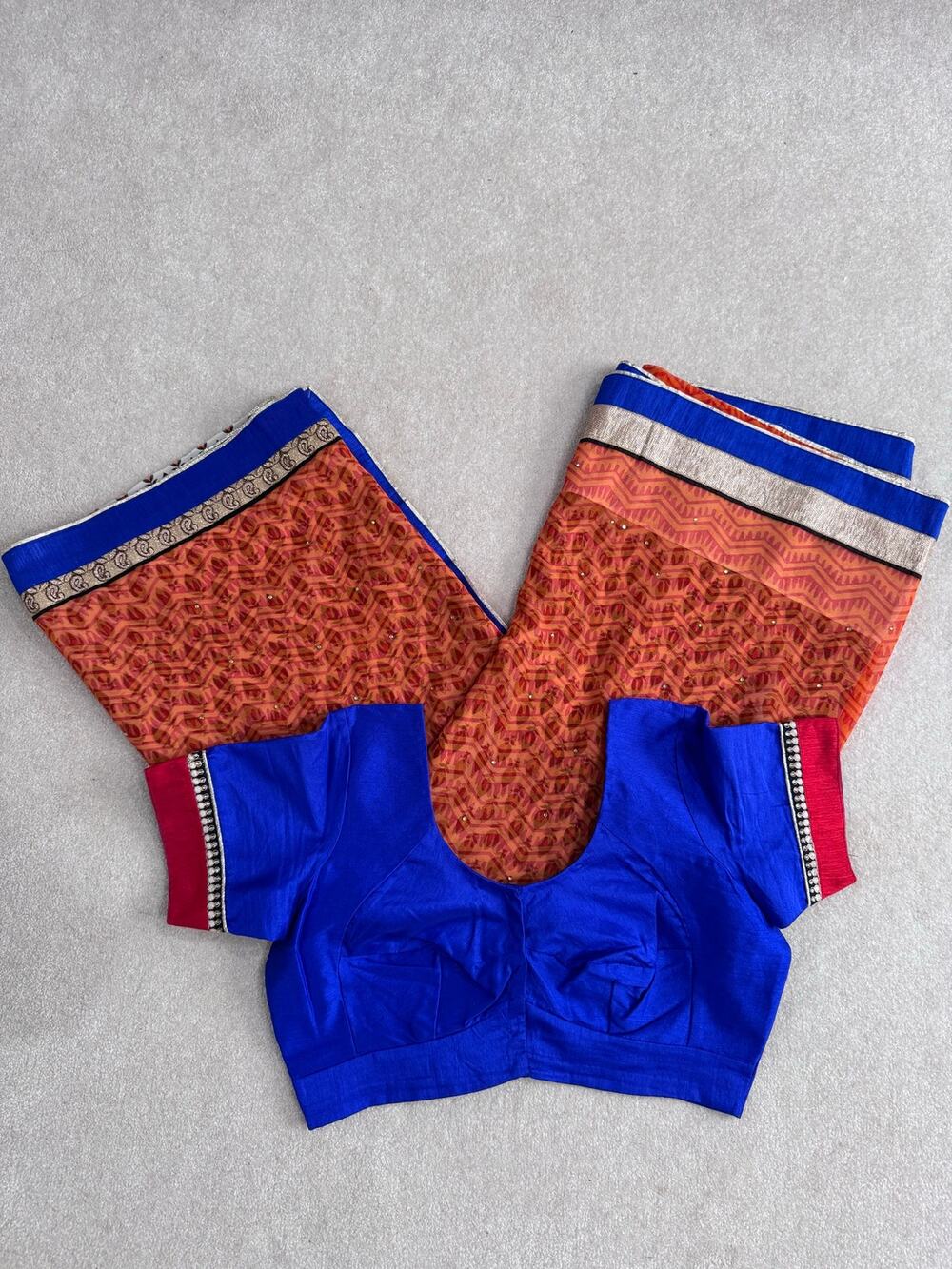 Orange Blue Georgette Saree Sari W/ Royal Blue Stitched Blouse Complete Set